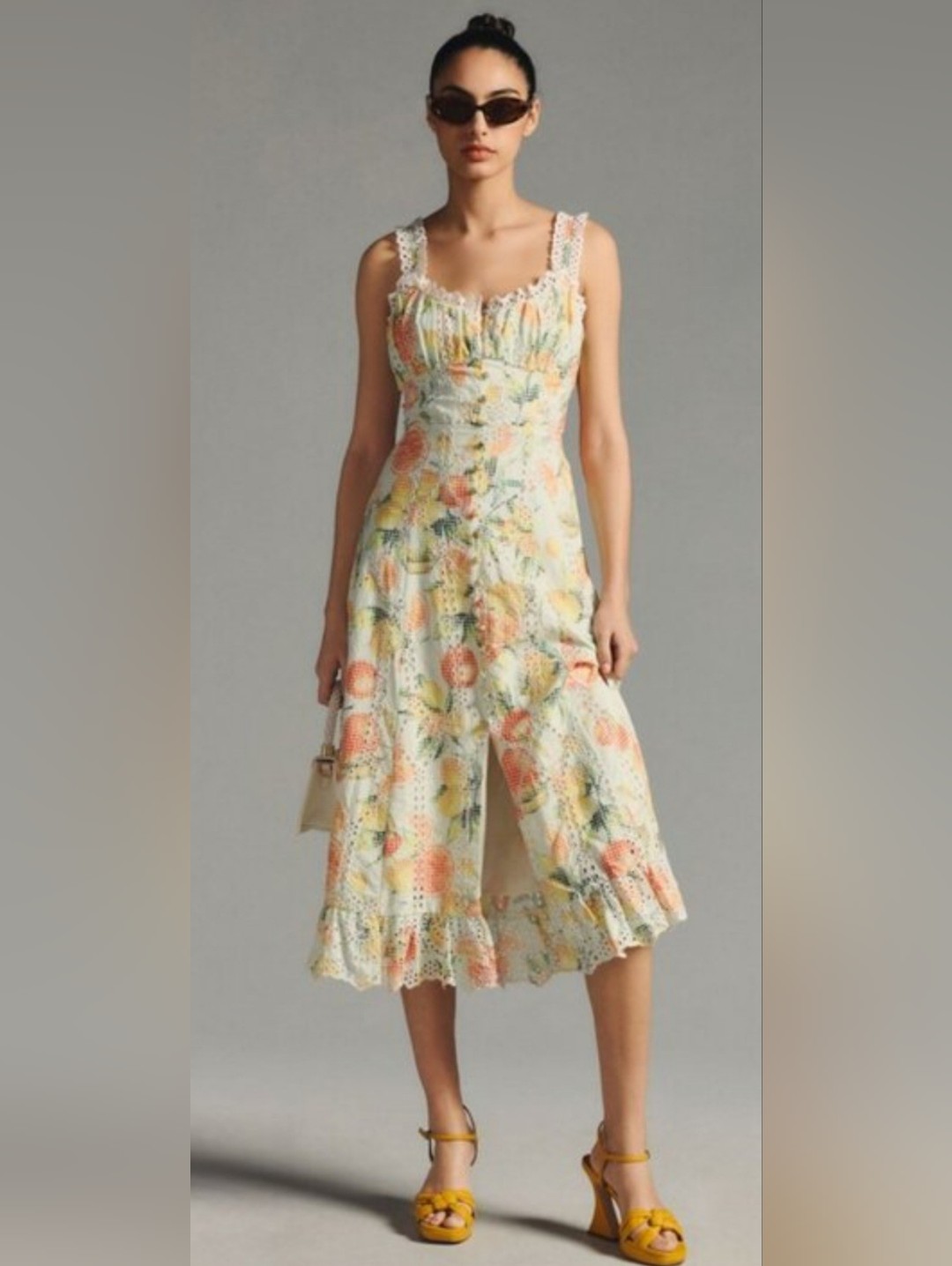 Floral Eyelet Midi Dress In Light Blue With Peach & Yellow Sz M Medium